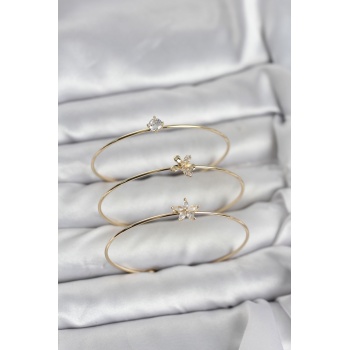 Gold Renk Zirkon Taşlı Pirinç 3lü Kadın Bileklik Kombini -