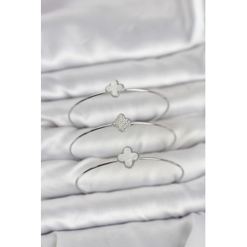 Gümüş Renk Yonca Model Zirkon Taşlı 3lü Kadın Bileklik Kombini -