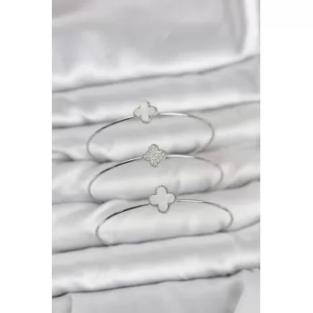 Gümüş Renk Yonca Model Zirkon Taşlı 3lü Kadın Bileklik Kombini