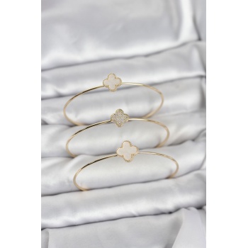 Gold Renk Yonca Model Zirkon Taşlı 3lü Kadın Bileklik Kombini -