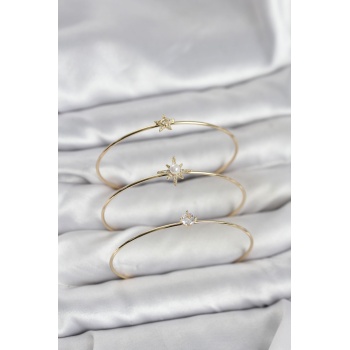 Gold Renk Kutup Yıldızı Model Zirkon Taşlı 3lü Kadın Bileklik Kombini -