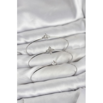 Zirkon Taşlı Gümüş Renk Yonca Model 3lü Kadın Bileklik Kombini -