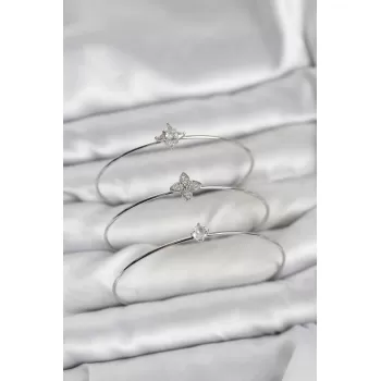 Zirkon Taşlı Gümüş Renk Yonca Model 3lü Kadın Bileklik Kombini