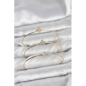 Zirkon Taşlı Gold Renk Yonca Model 3lü Kadın Bileklik Kombini -