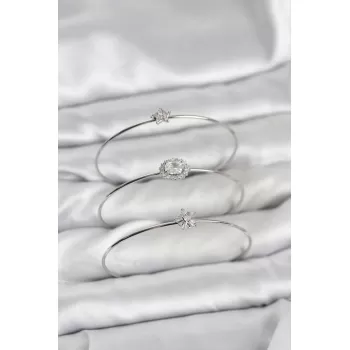 Zirkon Taşlı Gümüş Renk Tek Taş Model 3lü Kadın Bileklik Kombini