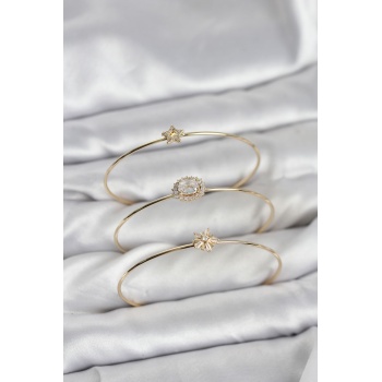 Zirkon Taşlı Gold Renk Tek Taş Model 3lü Kadın Bileklik Kombini -