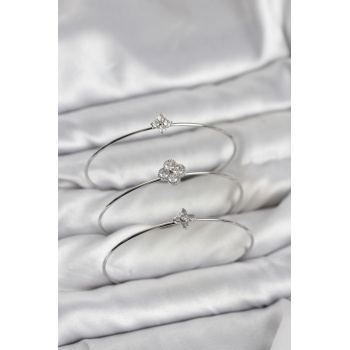 Zirkon Taşlı Gümüş Renk Yonca Tasarım 3lü Kadın Bileklik Kombini -