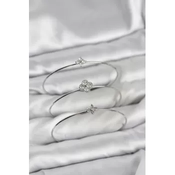 Zirkon Taşlı Gümüş Renk Yonca Tasarım 3lü Kadın Bileklik Kombini