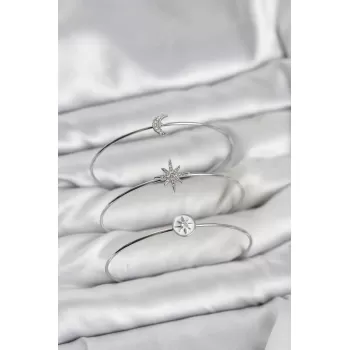 Gümüş Renk Zirkon Taşlı Kutup Yıldızı Model 3lü Kadın Bileklik Kombini