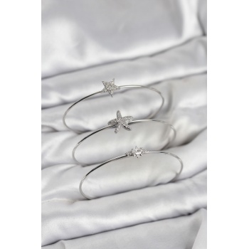 Gümüş Renk Zirkon Taşlı Deniz Yıldızı Model 3lü Kadın Bileklik Kombini -