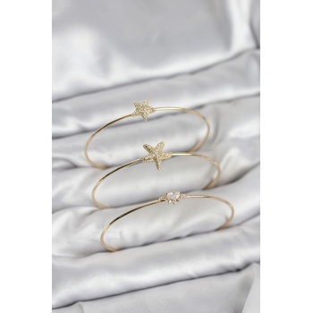 Gold Renk Zirkon Taşlı Deniz Yıldızı Model 3lü Kadın Bileklik Kombini -