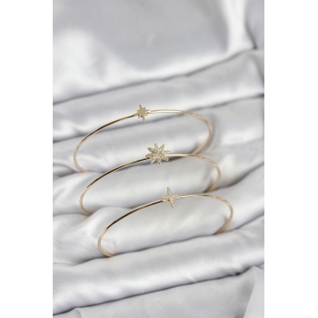 Zirkon Taşlı Kutup Yıldızı Model Gold Renk 3lü Kadın Bileklik Kombini -