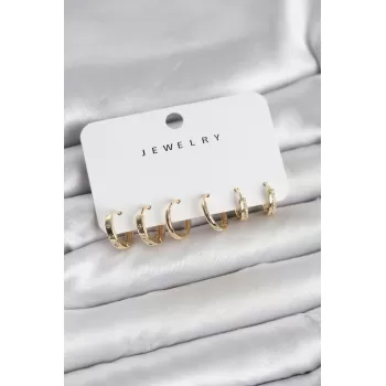 Gold Renk Pirinç 3 Çift Kadın Küpe Seti