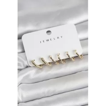 Gold Renk Pirinç Kemik Model 3 Çift Kadın Küpe Seti