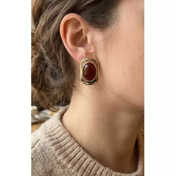 Kahverengi Renk Kare Model Vintage Kadın Küpe