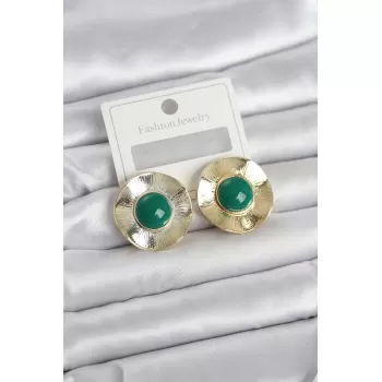 Vintage Model Yeşil Gold Renk Pirinç Kadın Küpe