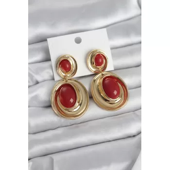 Kırmızı Sallantılı Damla Model Gold Renk Vintage Kadın Küpe