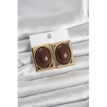 Kahverengi Kare Model Vintage Gold Renk Kadın Küpe
