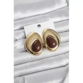 Pirinç Gold Renk Kahverengi Taşlı Damla Model Vintage Kadın Küpe