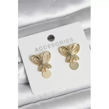 Füsun Küpesi Model Gold Renk Kelebek Model Pirinç Kadın Küpe