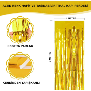Altın Gold Renk Ekstra Metalize Parlak Saçaklı Arka Fon Perde İthal A Kalite 1x2 Metre -