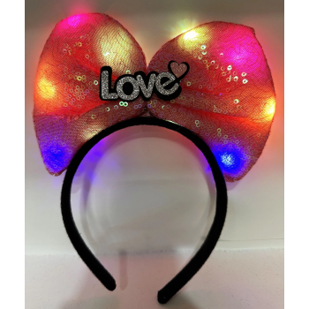 Led Işıklı 3 Farklı Fonksiyonda Yanan Gümüş Love Yazılı Fuşya Pembe Fiyonk Taç 20x17 Cm -