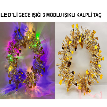 Kalp Püsküllü Gece Parıltısı 3 Modlu Led39li Işıklı Taç Altın Renk -
