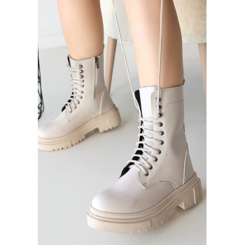 Caxa Bej Cilt Bağcıklı Bot -