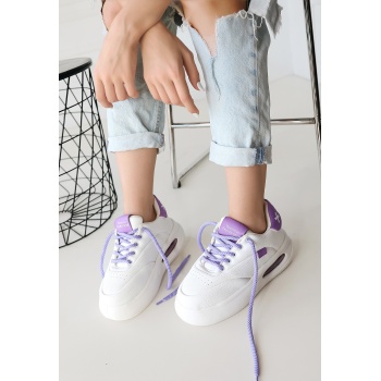 Chris Beyaz Cilt Lila Detaylı Bağcıklı Spor Ayakkabı -