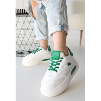 Chris Beyaz Cilt Yeşil Detaylı Bağcıklı Spor Ayakkabı -