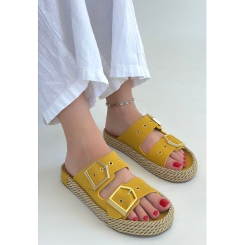 Loera Sarı Nubuk Çift Tokalı Terlik -