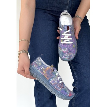 Jiten Mor Desenli Deri Bağcıklı Spor Ayakkabı -