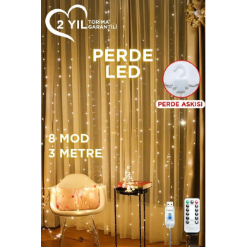Lw-7 300 Ledli 10 Sarkıt Perde Led Işık, 8 Modlu Uzaktan Kumandalı, 3x3 Metre Peri Telli Led -