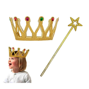 Çocuk Boy Kraliçe Prenses Tacı Ve Yıldız Peri Asası Altın Renk -
