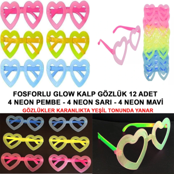 Fosforlu Kalp Model Glow Parti Gözlüğü Karanlıkta Yanan Gözlükler 12 Adet -