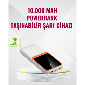 Powerbank 10000 mAh – Çift USB Çıkışlı, Type-C Girişli, Şık Beyaz Tasarım -