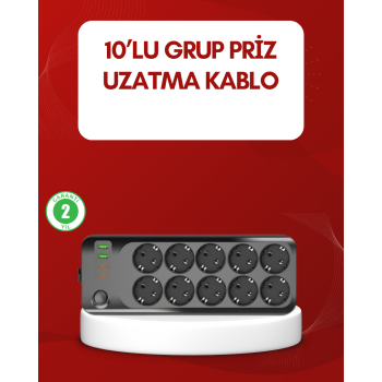 USB Type-C Destekli 10’lu Grup Priz Termal Korumalı 2m Kablo 2500W -