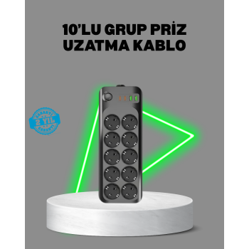 Termal Akım Korumalı 10’lu Grup Priz USB Type-C Hızlı Şarj 2500W 2m Kablo -
