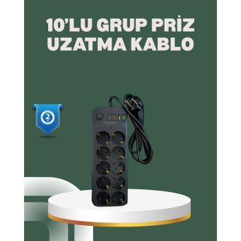 Termal Koruma Sistemli USB Type-C 10’lu Grup Priz 2m 2500W Güç Kapasiteli -