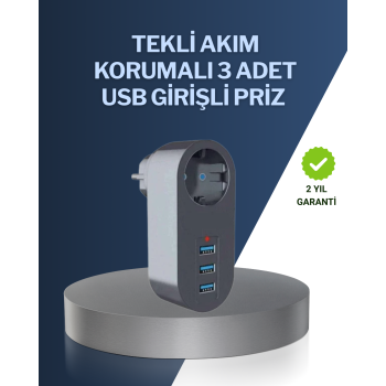 Çocuk Korumalı Termal Priz – 3lü USB Şarj ve Akım Koruması -