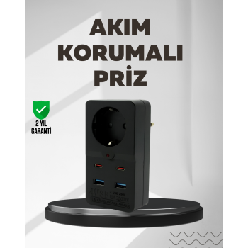 Tip Akım Koruma Prizi 10A 2500W USB Type C Destekli -