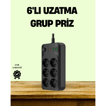 2500W Güçlü 6’lı Priz USB ve Type-C Çıkışlı Termal Korumalı -
