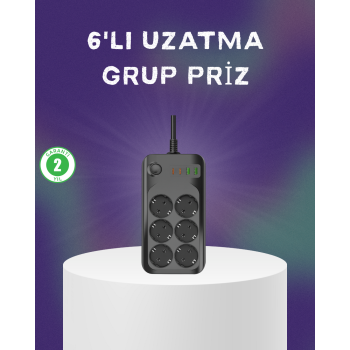 6 Prizli Çoklu Uzatma Kablosu USB Type-C Hızlı Şarj Termal Koruma -