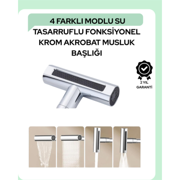 Çok Fonksiyonlu Musluk Başlığı | 4 Su Modu | Geniş Uyumlu Adaptör Seti | Mutfak ve Banyo Uyumlu -