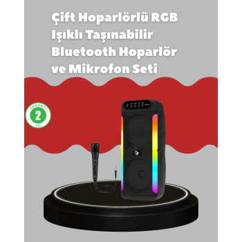 Çift 4 inç Hoparlörlü RGB Işıklı Bluetooth Ses Sistemi -