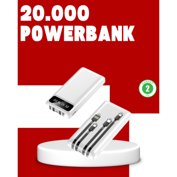 20.000mAh PD Powerbank LED Işık LCD Ekran Dahili Kablo Çoklu Giriş -