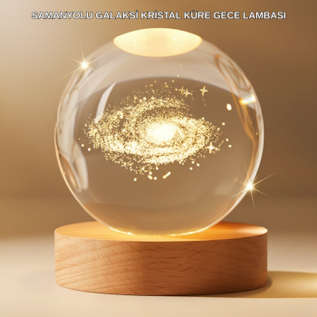 Gün Işığı LED’li 3D Kristal Galaksi Küre Ahşap Tabanlı Dekoratif Lamba -