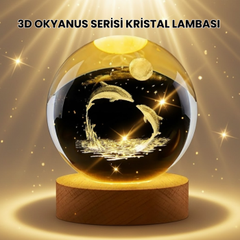Lazer İşlemeli Yunus Kristal Küre Sıcak Işıklı Ahşap Standlı -