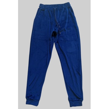 Parlak Kadife Cepli Pantolon Eşofman Pijama Altı Unisex Lastikli Paça Lacivert