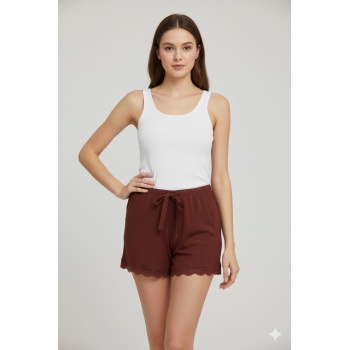 Bambu Fitilli Kadın Ev Şortu Bacak Dantel Detaylı Ev Giyim Koyu Taba